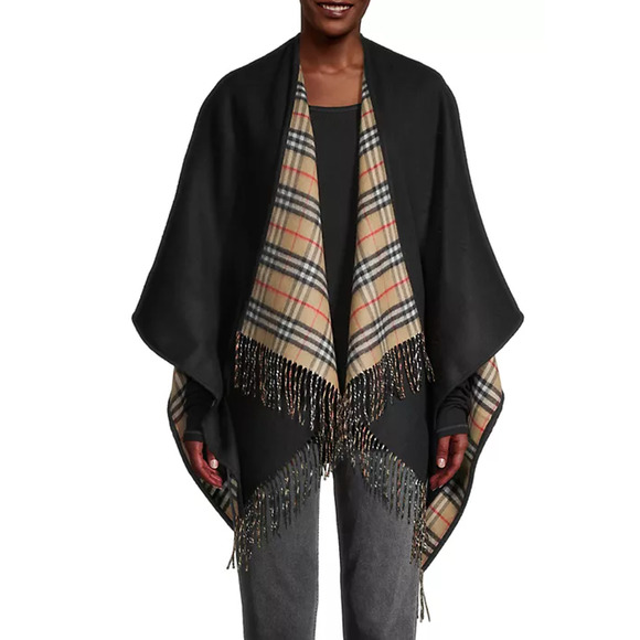 NEW Burberry black plaid reversible poncho cape shawl fringe wool NWT! - Picture 2 of 9